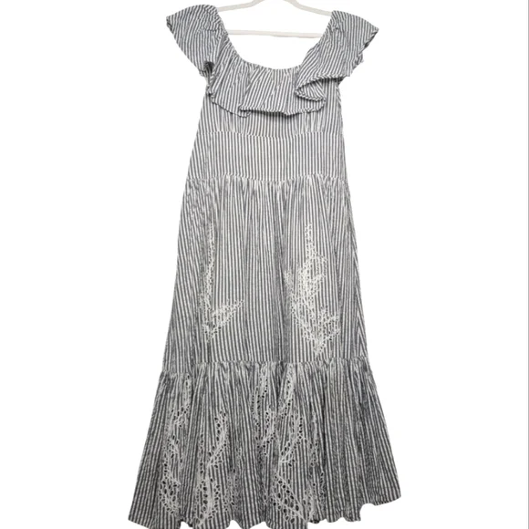 Tory Burch Eyelet Embroidered Stripe Flounce Ruffle Hem Midi Dress Gray Blue 8 - Picture 8 of 13